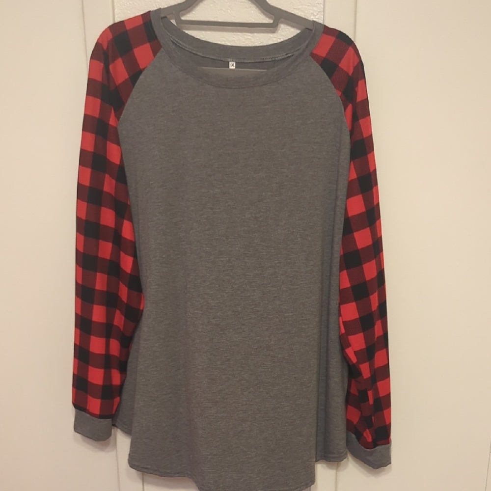 Gray and Red Plaid Sleeve Raglan Shirt